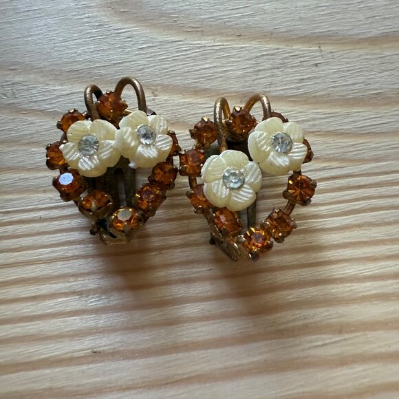 Vintage Austrian Rhinestone & Floral Clip-On Earrings & Brooch Set Mid Century - Picture 2 of 12